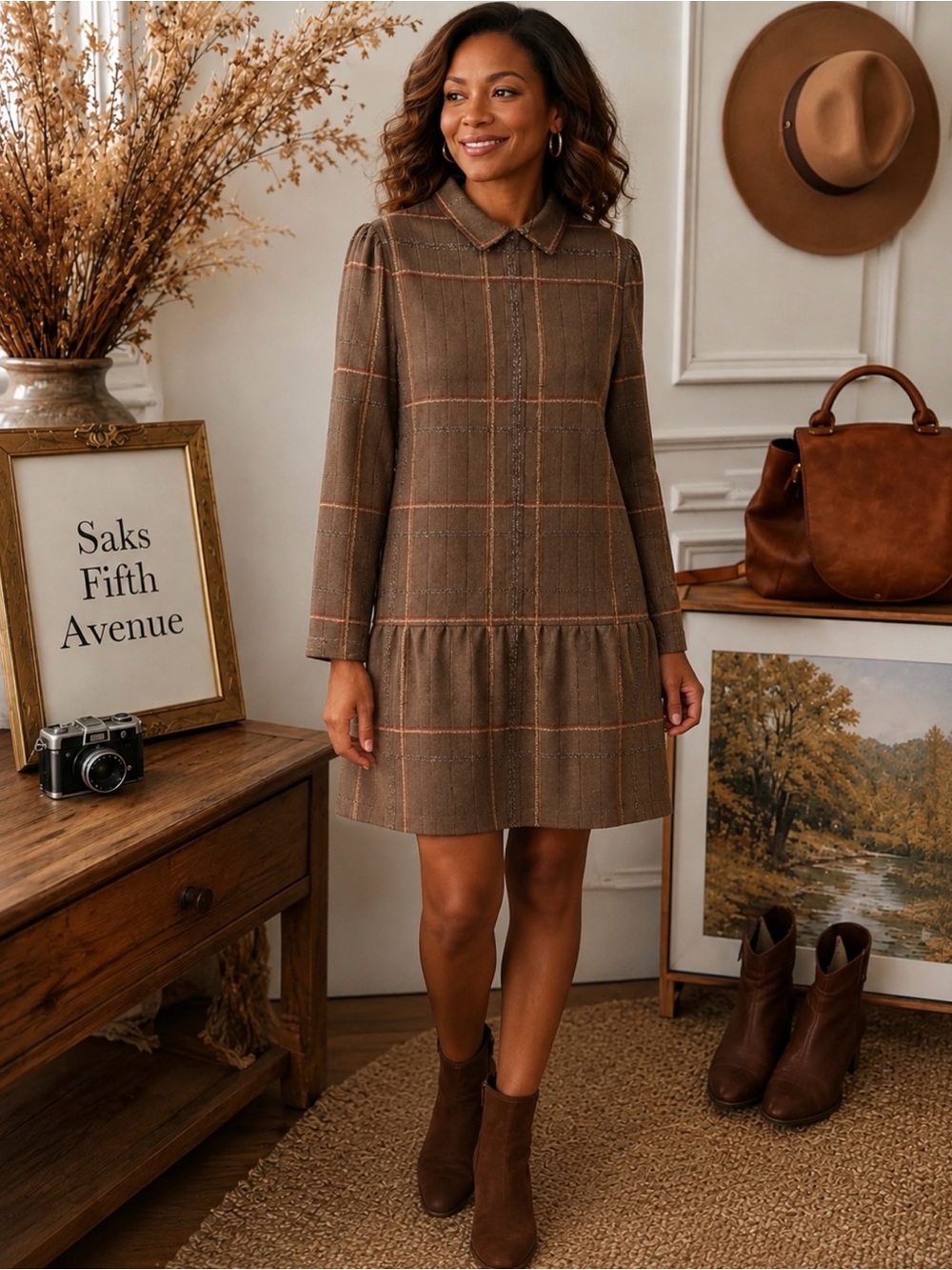 Vintage Saks Fifth Avenue Brown Plaid Collared Tiered Mini Dress size 12
